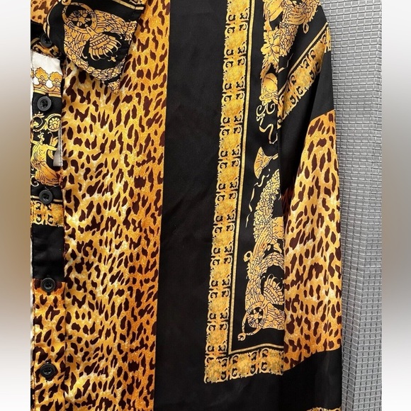 Pretty Little Thing Silky Black Gold Leopard Print Button Up Dress Shirt Blouse - Picture 9 of 11